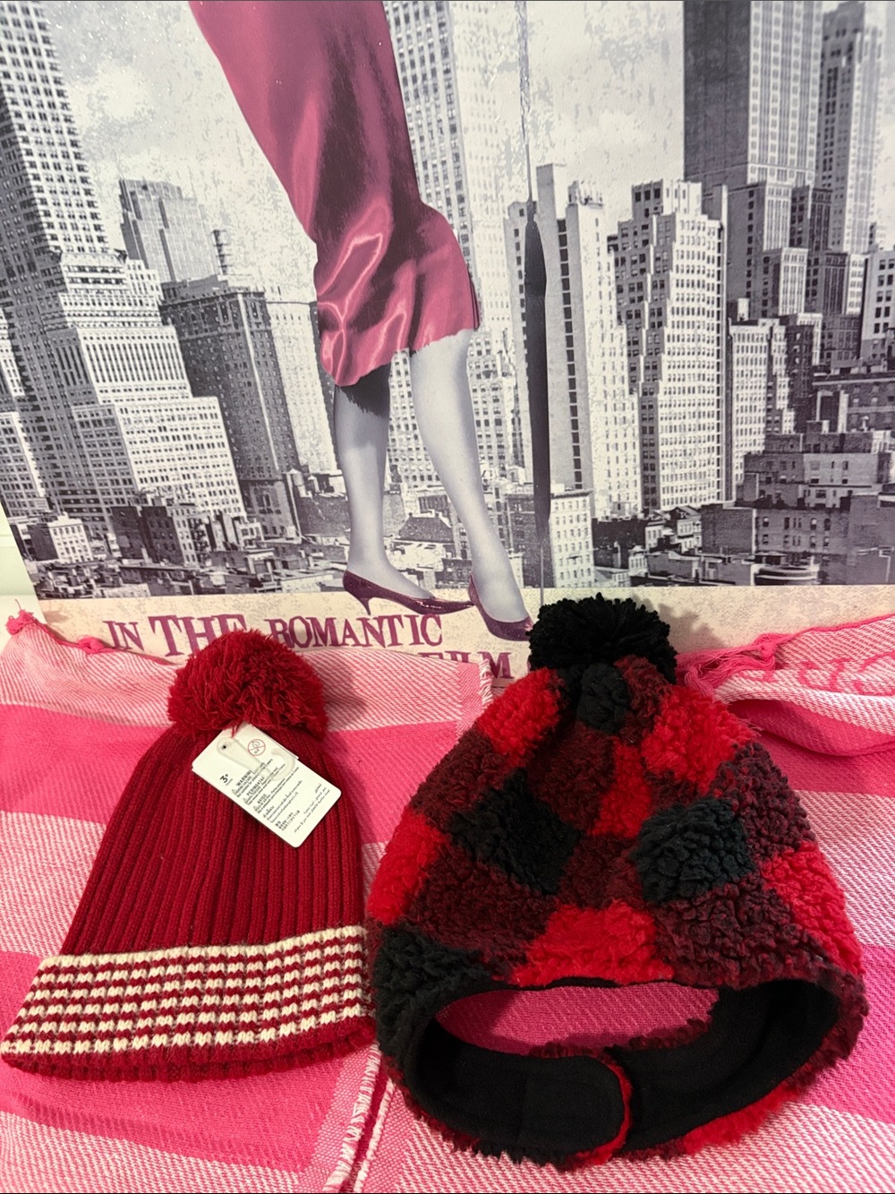 Old Navy Kids Red Knit Pom Beanie & Red-Black Plaid Pom Hat